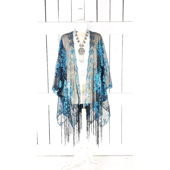 Blue black floral sequin sheer kimono cover up jacket - Picture 1 of 5